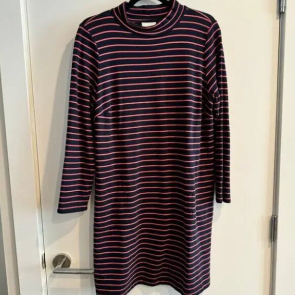 J. Jill Mock Neck Dress Blue Pink Stripe Terry Knit Pullover Long Sleeve Sz L - Picture 1 of 1